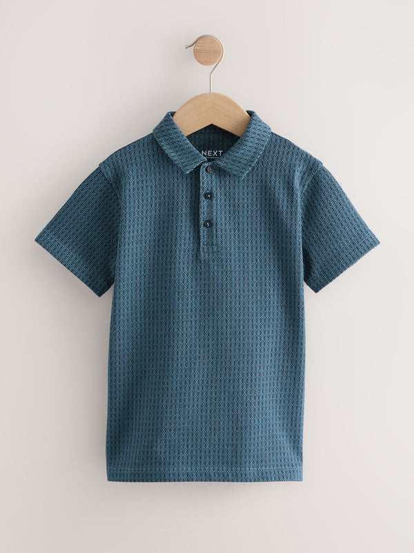 Teal Blue Jacquard Short Sleeve Polo Shirt (3-16yrs)