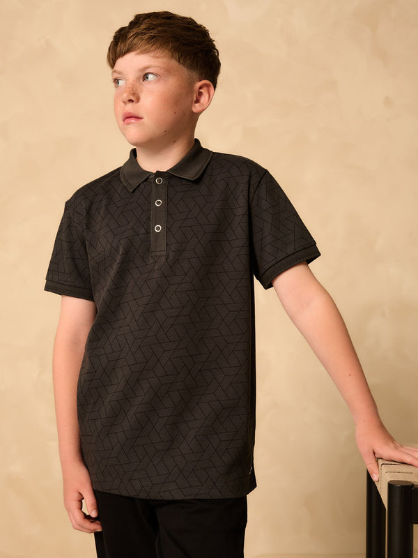Charcoal Grey Geo Popper Neck Short Sleeve 100% Cotton Polo Shirt (3-16yrs)