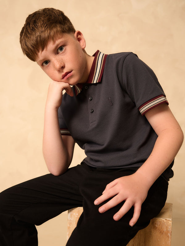 Navy Blue Stripe Tipped Collar Short Sleeve Polo Shirt (3-16yrs)