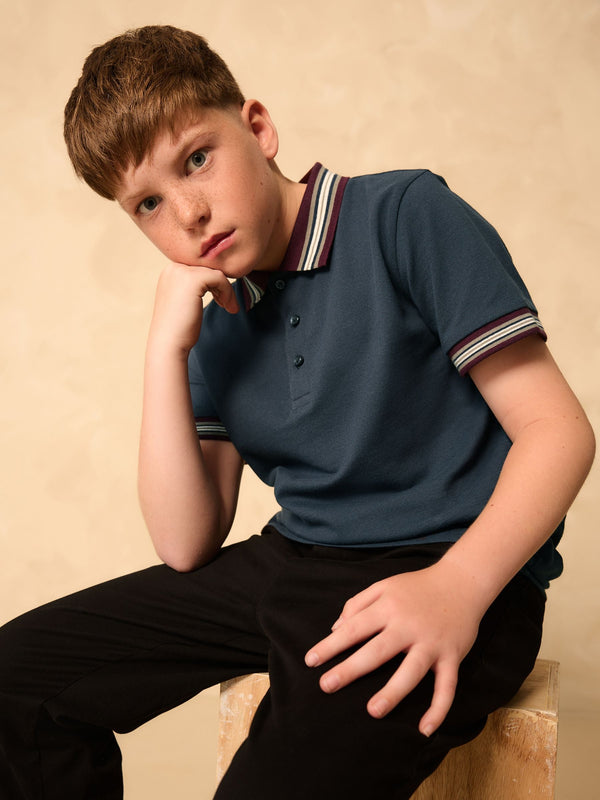 Navy Blue Stripe Tipped Collar Short Sleeve Polo Shirt (3-16yrs)