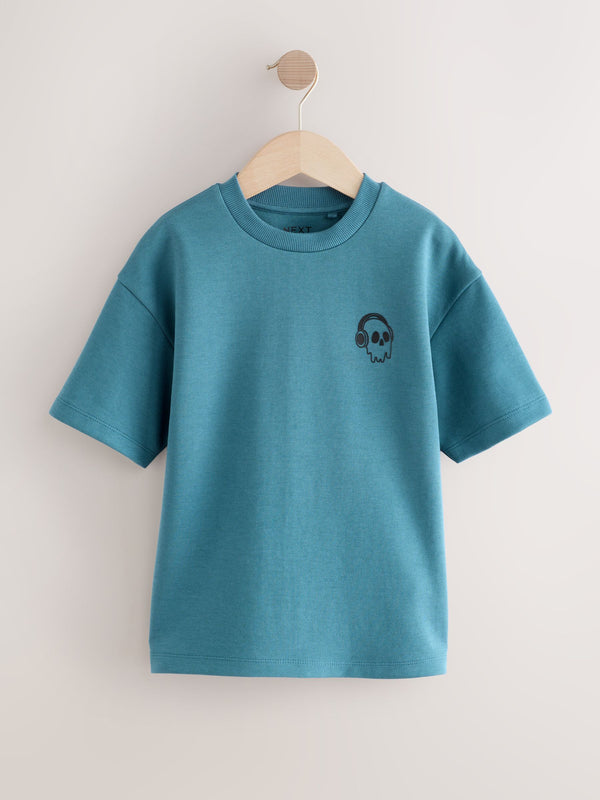 Teal Blue Skull Graphic Print Heavyweight Short Sleeve T-Shirt (3-16yrs)