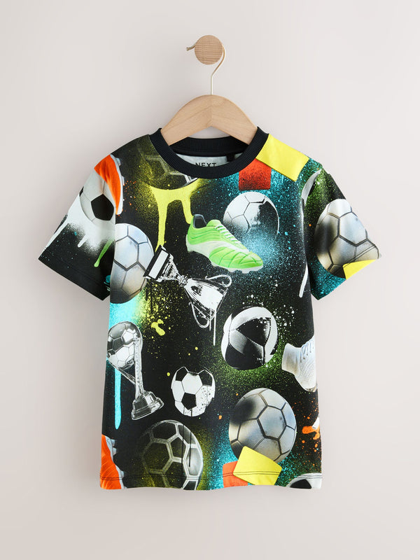 Black/Multi Football Regular Fit Short Sleeve All-Over Print T-Shirt (3-16yrs)