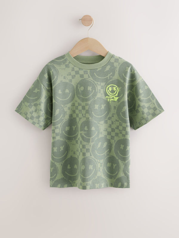 Khaki Green Checkerboard Relaxed Fit Short Sleeve All-Over Print 100% Cotton T-Shirt (3-16yrs)
