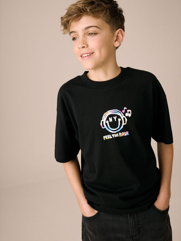Black Smile Headphones Relaxed Fit Short Sleeve Graphic Print T-Shirt (3-16yrs)