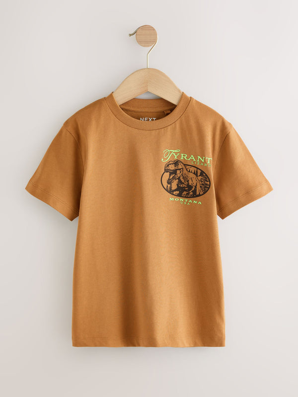 Tan Dino Back Print Regular Fit Short Sleeve Graphic Print T-Shirt (3-16yrs)