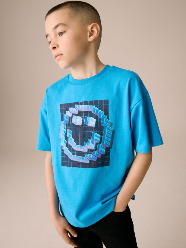 Cobalt Blue Pixel Smile Relaxed Fit Short Sleeve Graphic Print T-Shirt (3-16yrs)