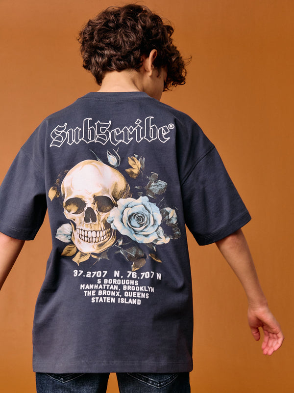 Blue Skull Back Print Relaxed Fit Short Sleeve Graphic Print T-Shirt (3-16yrs)