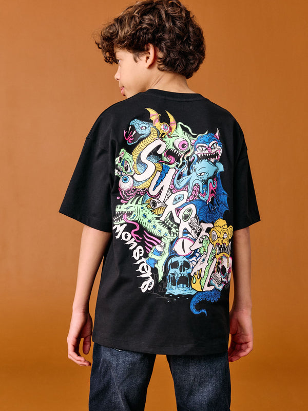 Black Monsters Back Print Relaxed Fit Short Sleeve Graphic Print T-Shirt (3-16yrs)