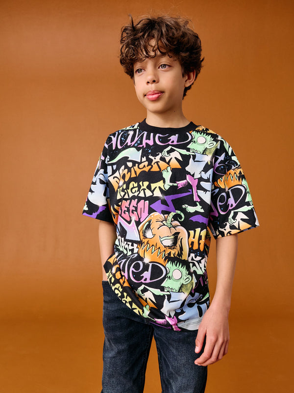 Black All Over Graffiti Halloween 100% Cotton T-Shirt (3-16yrs)