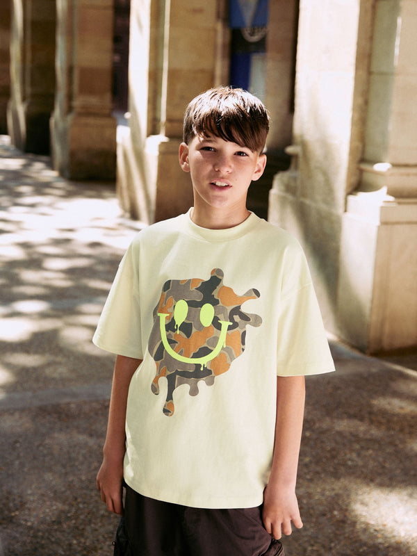 Ecru Camo Smile Relaxed Fit Short Sleeve Graphic Print T-Shirt (3-16yrs)