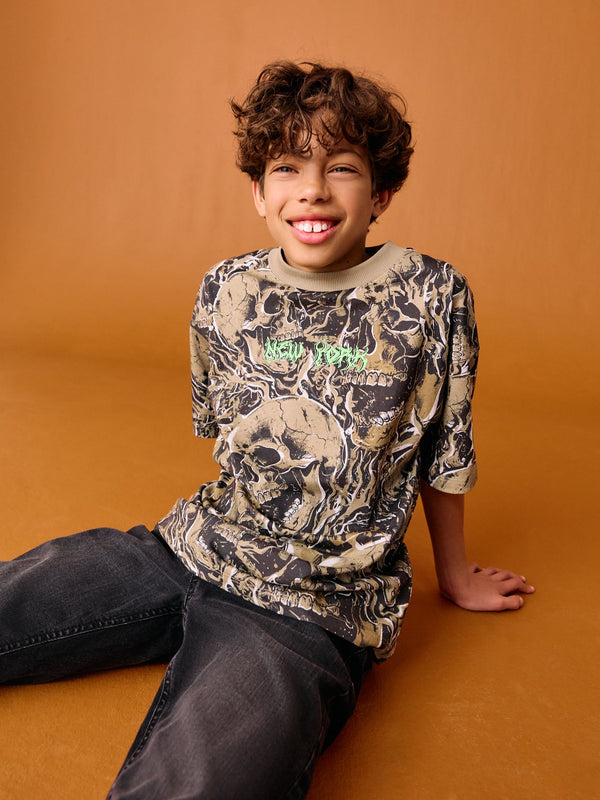 Khaki Green Skull Relaxed Fit Short Sleeve All-Over Print 100% Cotton T-Shirt (3-16yrs)