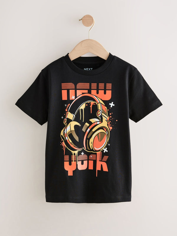Black/Orange Headphones Short Sleeve Graphic Print T-Shirt (3-16yrs)