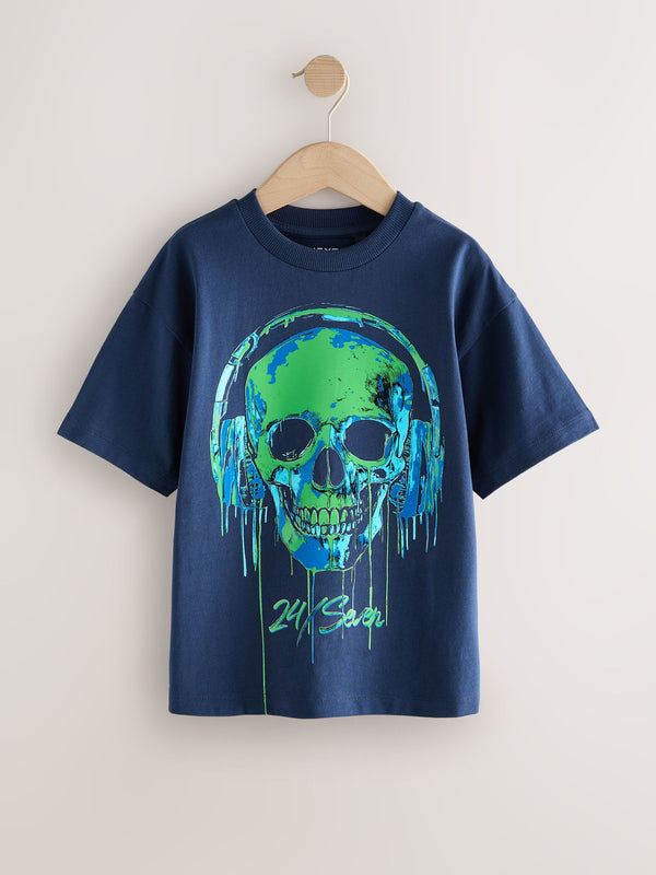 Blue Skull Headphones Relaxed Fit Short Sleeve Graphic Print T-Shirt (3-16yrs)