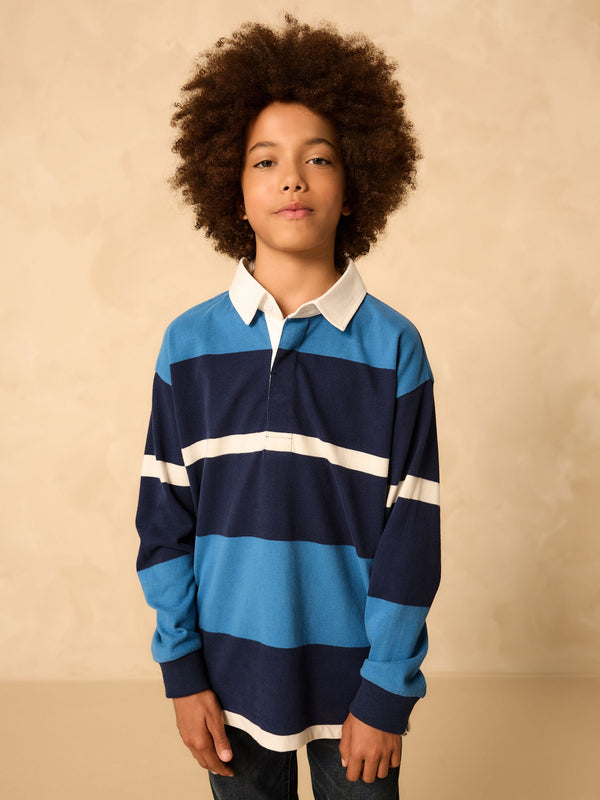 Blue/White Long Sleeve Rugby 100% Cotton Polo Shirt (3-16yrs)