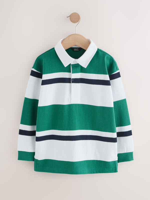 Green/White Long Sleeve Rugby 100% Cotton Polo Shirt (3-16yrs)