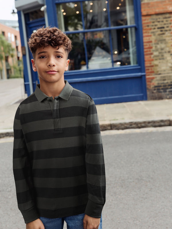 Charcoal/Grey Stripe Long Sleeve Polo Shirt (3-16yrs)
