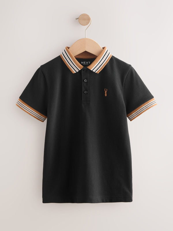 Black/Tan Stripe Tipped Collar Short Sleeve Polo Shirt (3-16yrs)