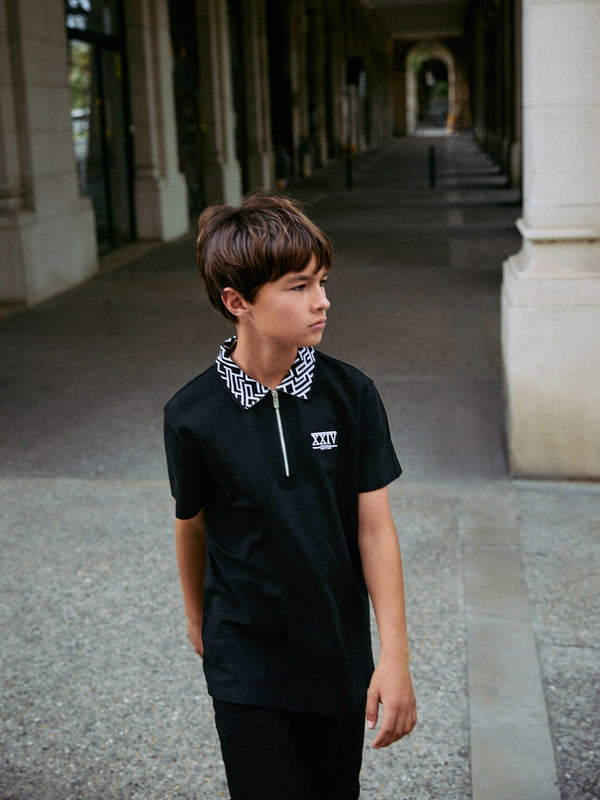 Black Geo Collar Zip Neck Polo Shirt (3-16yrs)