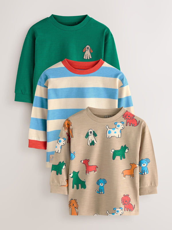 Multi Dogs Long Sleeve Graphic Print T-Shirts 3 Pack (3mths-7yrs)