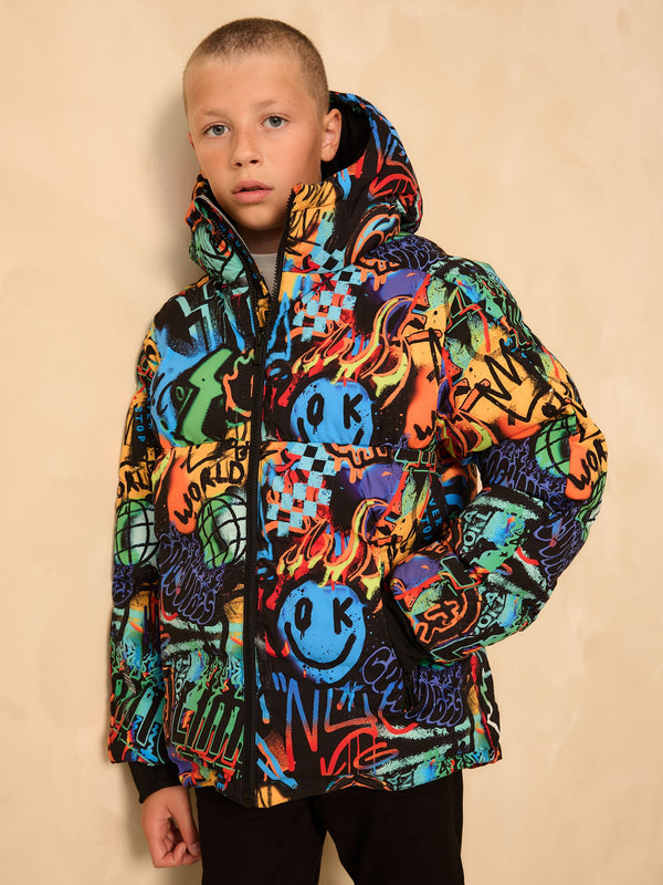Multicoloured Graffiti Shower Resistant Microfleece Lined Padded Coat (3-17yrs)