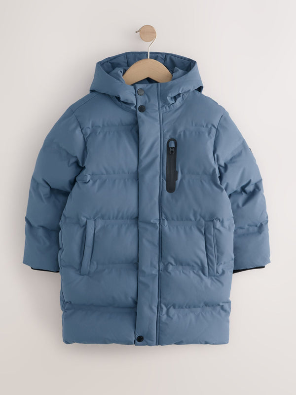 Blue Waterproof Long Line Fleece Lined Puffer Coat (3-17yrs)