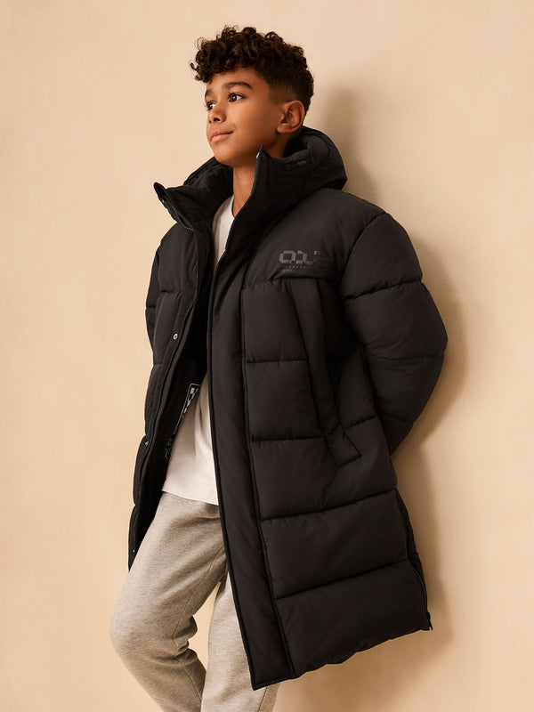 Black Longline Shower Resistant Padded Coat (3-17yrs)