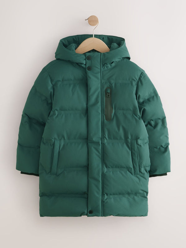 Khaki Green Waterproof Long Line Fleece Lined Puffer Coat (3-17yrs)