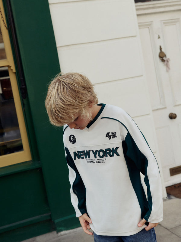 Ecru/Green Varsity Long Sleeve Cotton T-Shirt (3-16yrs)