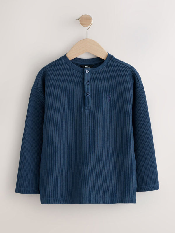 Blue Textured Long Sleeve Henley Neck T-Shirt (3-16yrs)