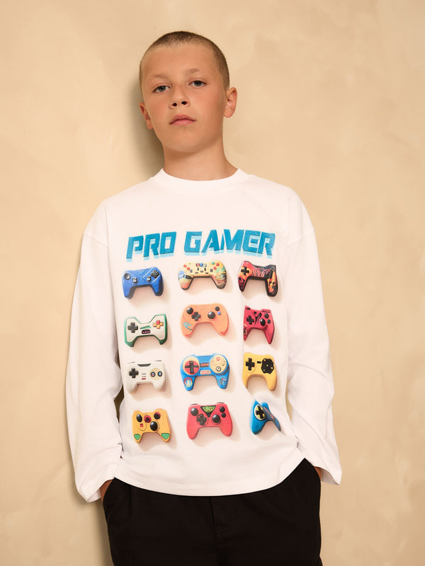 White Gamer Relaxed Fit Graphic Print Long Sleeve Cotton T-Shirt (3-16yrs)