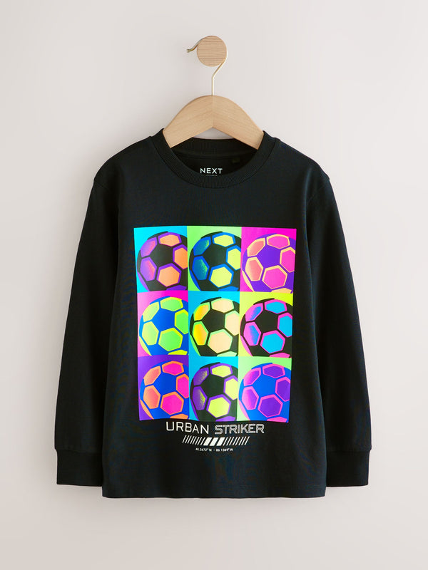 Black Bright Football Regular Fit Long Sleeve Graphic Print 100% Cotton T-Shirt (3-16yrs)