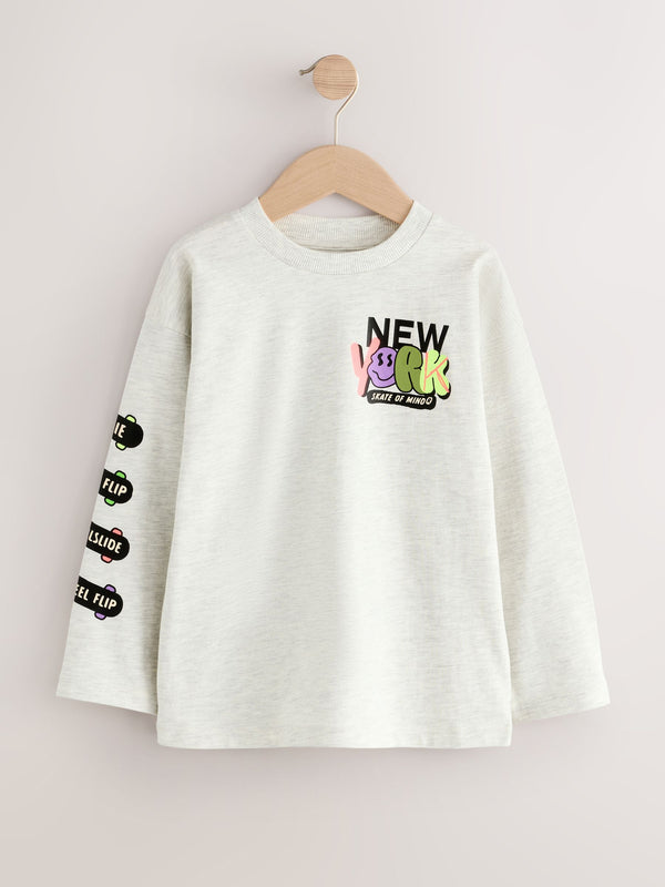 Grey Marl Slogan Graffiti Relaxed Fit Graphic Print Long Sleeve Cotton T-Shirt (3-16yrs)