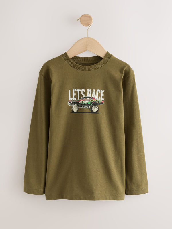 Khaki Green Car Regular Fit Long Sleeve Graphic Print 100% Cotton T-Shirt (3-16yrs)