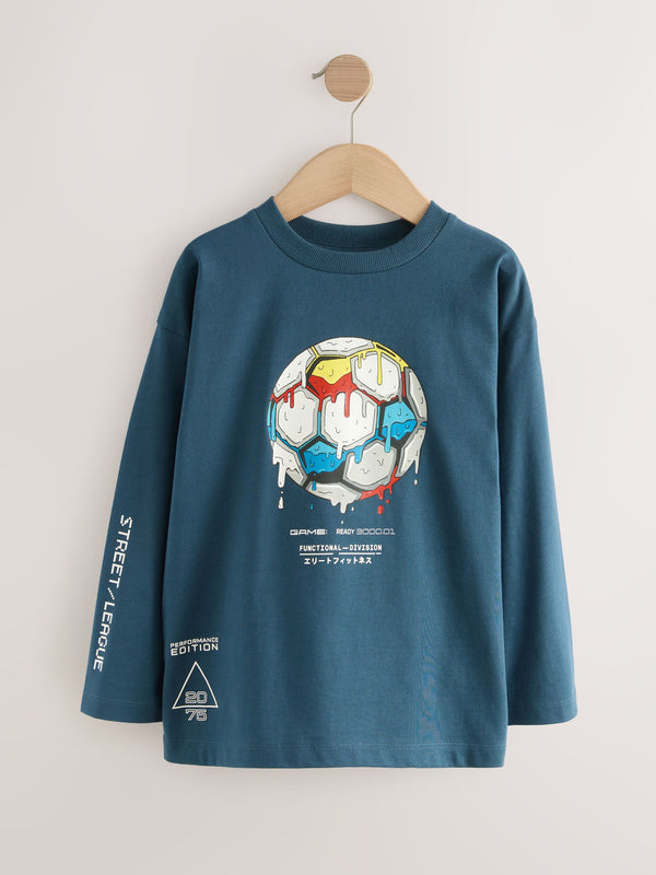 Mid Blue Football Relaxed Fit Graphic Print Long Sleeve Cotton T-Shirt (3-16yrs)