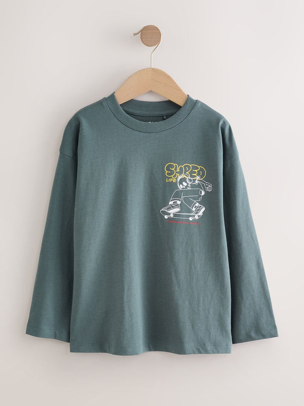 Grey Back Print Relaxed Fit Graphic Print Long Sleeve Cotton T-Shirt (3-16yrs)