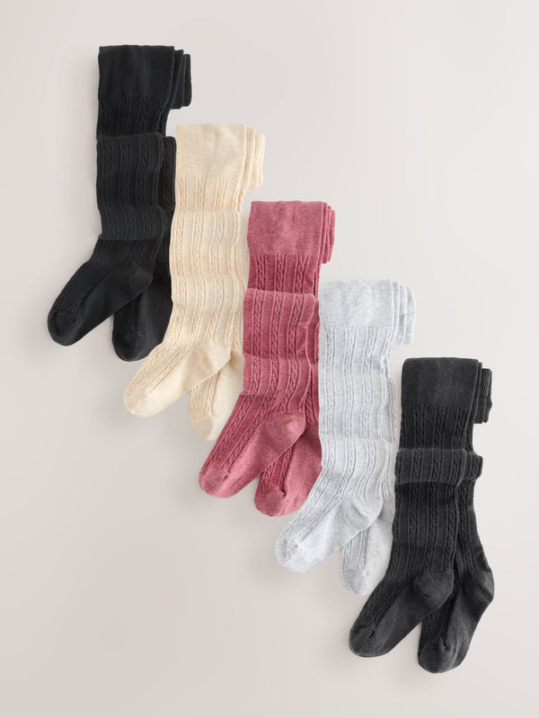 Pink/Charcoal Grey and Cream Cotton Rich Cable Tights 5 Pack