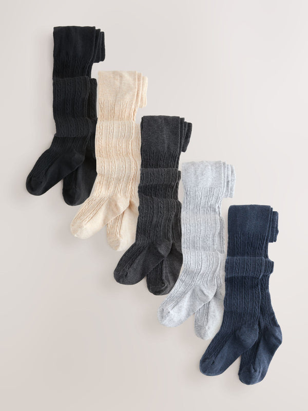 Grey Black Oatmeal and Navy Blue Cotton Rich Cable Tights 5 Pack
