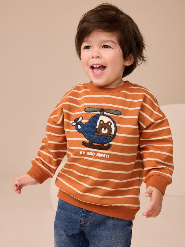 Tan Brown Ecru Stripe Bear Appliqué Crew Neck Jersey Sweatshirt (3mths-7yrs)
