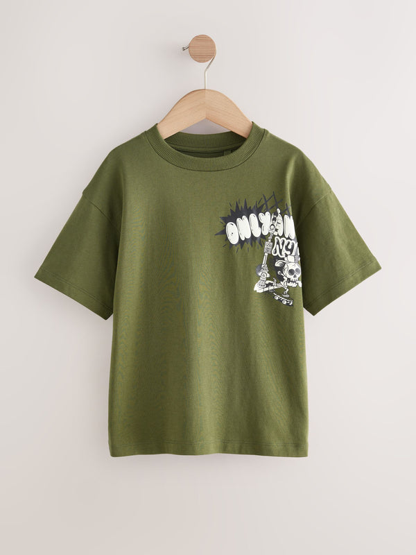 Khaki Green Graffiti Back Relaxed Fit Short Sleeve Graphic Print T-Shirt (3-16yrs)