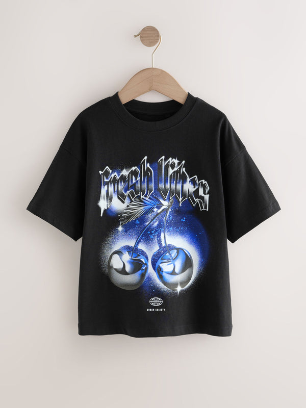 Black/Blue Fresh Vibes Relaxed Fit Short Sleeve Graphic Print T-Shirt (3-16yrs)