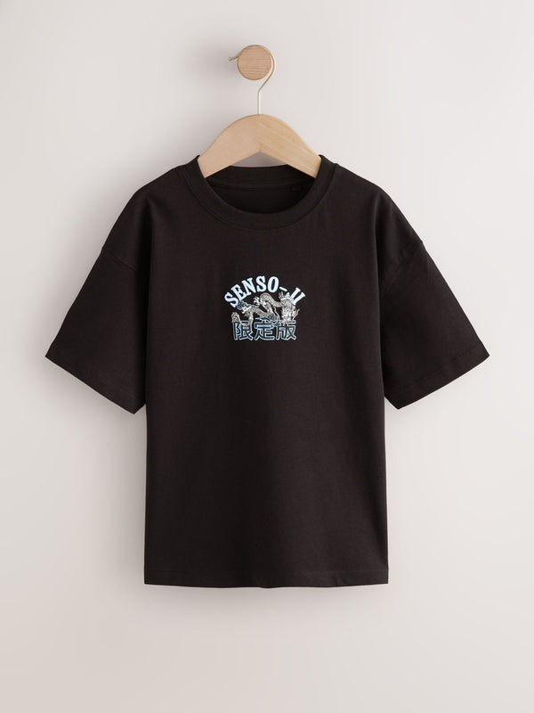 Black Japanese Back Print Relaxed Fit Short Sleeve Graphic Print T-Shirt (3-16yrs)