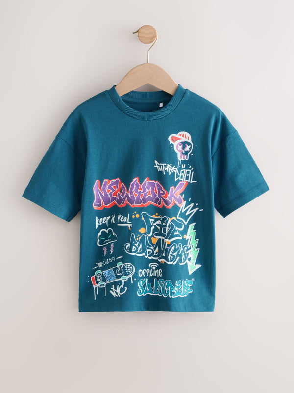 Teal Blue Graffiti Relaxed Fit Short Sleeve Graphic Print T-Shirt (3-16yrs)