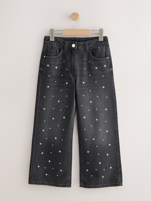 Charcoal Grey Stud Embellished Wide Leg Jeans (3-16yrs)