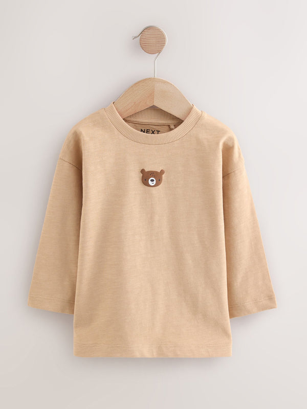 Tan Brown Bear Long Sleeves Semi Plain T-Shirt (3mths-7yrs)