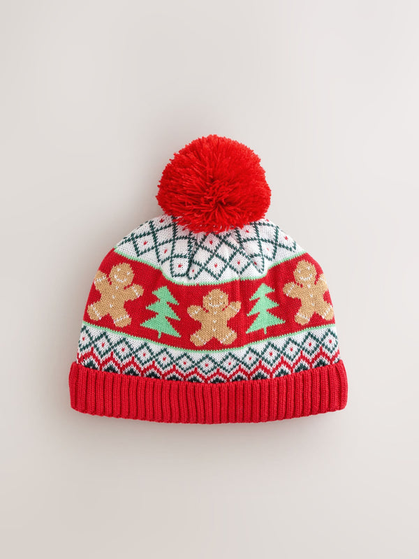 Red Gingerbread Baby Knitted Pom Christmas Beanie Hat
