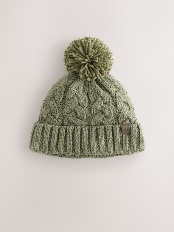 Khaki Green Cable Knit Pom Hat (1-16yrs)