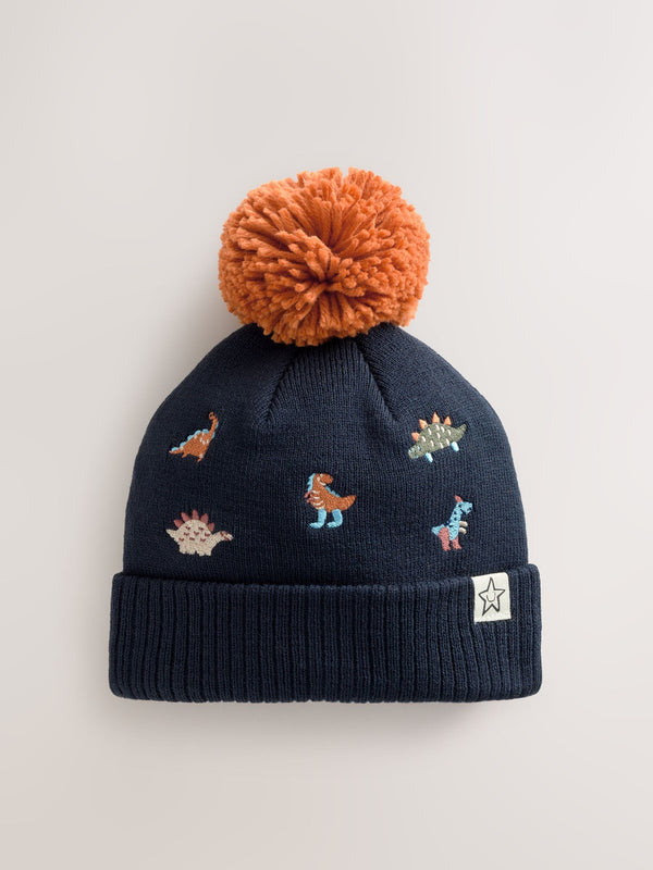 Navy/Orange Dino Embroidered Pom Beanie Hat (3mths-10yrs)