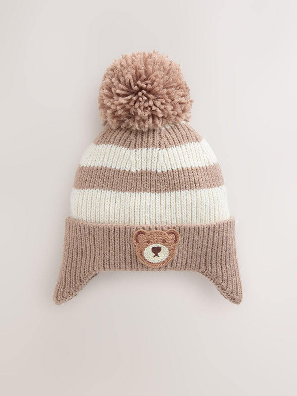 Tan/Cream Bear Ear-Cover Pom Beanie Hat (3mths-10yrs)