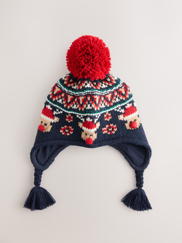 Navy/Red Fairisle Pattern Reindeer Print Inca Hat (3mths-13yrs)