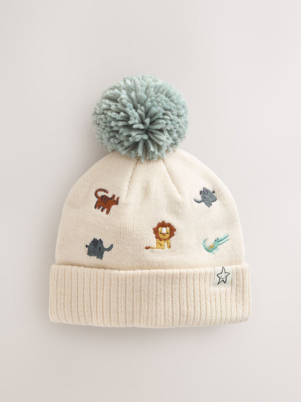 Neutral Safari Embroidered Pom Beanie Hat (3mths-10yrs)